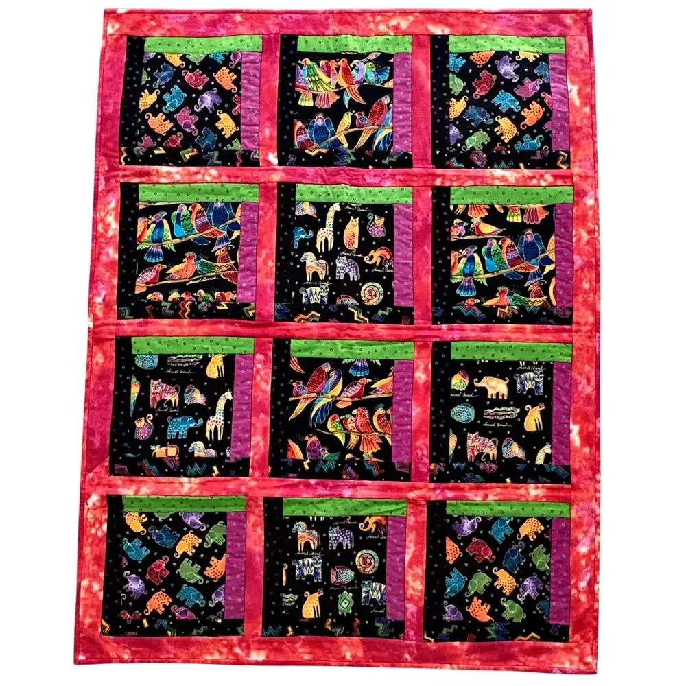 Vintage Laurel Burch Reversible Patchwork Quilt Throw Handmade Cat Dog Boho